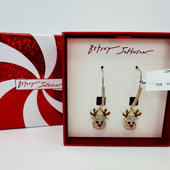NEW Betsey Johnson Reindeer Rhinestone Drop Earrings Gold Tone - Picture 2 of 4